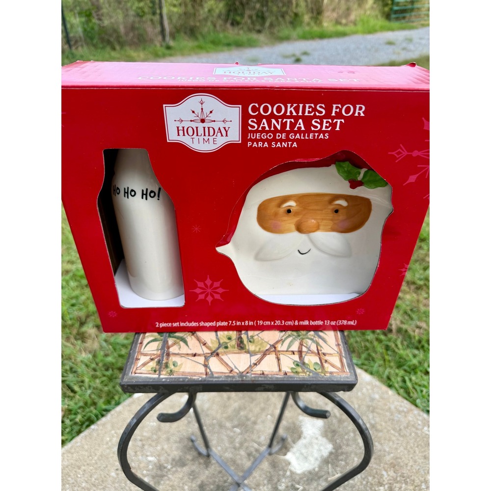 Holiday Time Cookies for Santa Set Earthenware Plate and Milk Bottle 2 Piece NEW